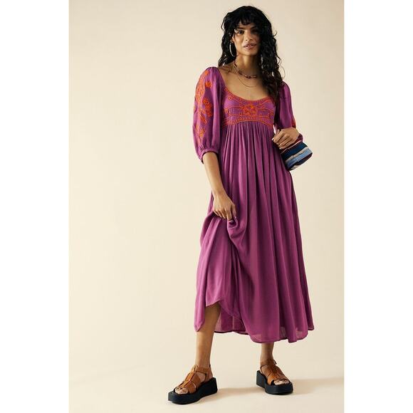 New Free People Wedgewood Maxi Dress $168 SMALL Violet  EMBROIDERED - Picture 1 of 5